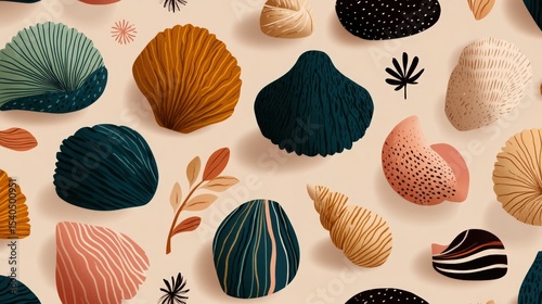 Colorful abstract illustration of various seashells and marine elements on a soft background