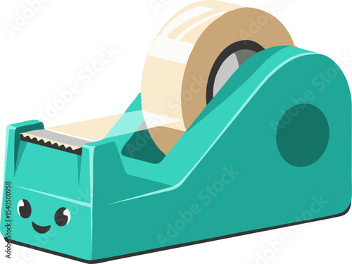Cheerful Teal Tape Dispenser with a Roll of Beige Tape, Smiling Face.