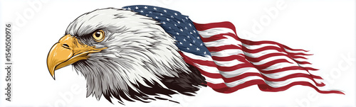 Majestic American Bald Eagle with Waving Flag, Symbolizing Freedom, Patriotism, and National Pride.