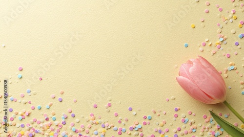 Wallpaper Mural Pink tulip flower with colorful confetti on yellow background Torontodigital.ca