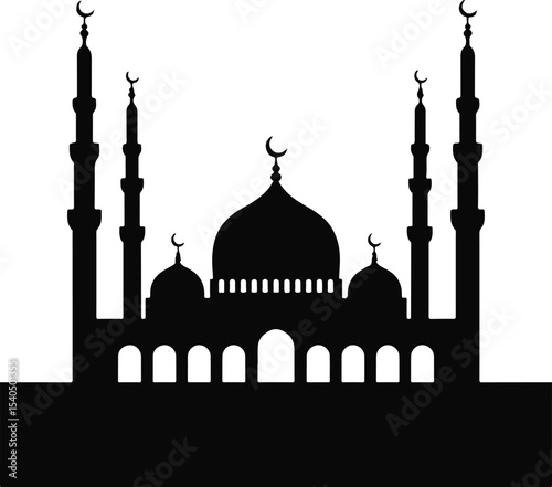 majestic mosque silhouette with crescent domes and tall symmetrical minarets representing islamic religious architecture