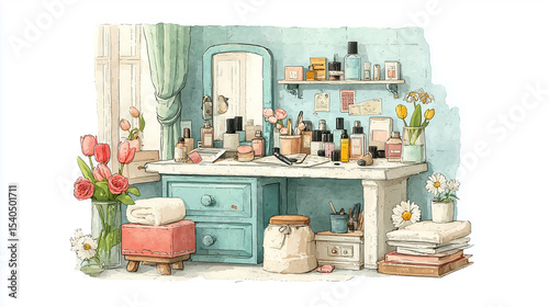 Hand drawn sketch style illustration of cosmetics on a vanity table including roses, tulips, daisies and some green leaves. The main subject is illustrated with expressive sketch ink lines and simple 