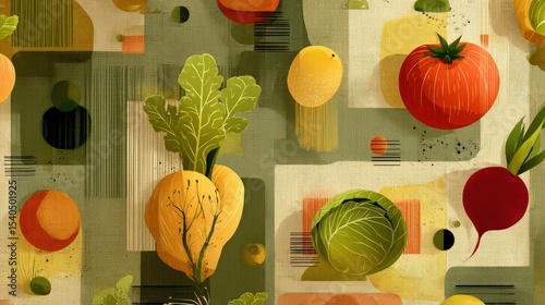 Colorful abstract illustration of various vegetables against a textured background, ideal for culinary themes