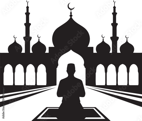 Muslim man in prayer silhouette facing mosque with crescent and minarets representing devotion spirituality and peace