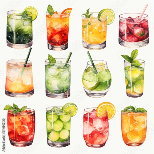 Colorful and refreshing beverage illustrations featuring various cocktails and mocktails in clear glasses, ideal for use in menus, advertisements, or promotional materials for bars and restaurants,