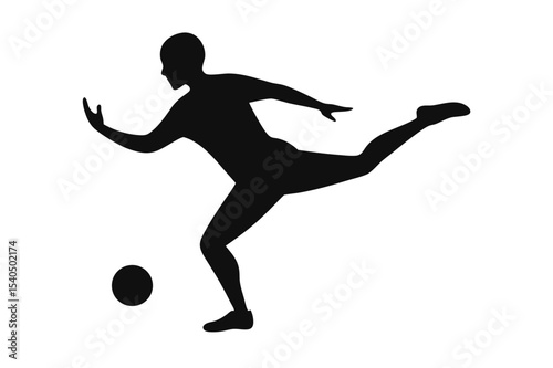 Black vector silhouette of a soccer player in action, illustrating a male athlete kicking the ball during a game