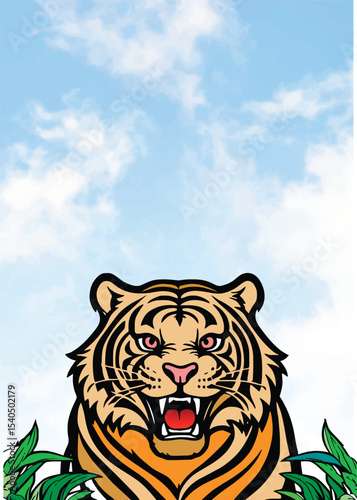 035-32-Illustration of a majestic tiger emerging from the jungle, growling fiercely beneath a serene blue sky. Hand-drawn illustration