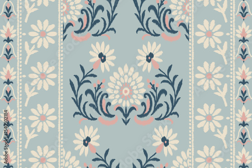 Seamless ikat floral embroidery border pattern in pastel mint green, pink, and navy tones with ethnic damask textile style, ideal for traditional fabric, clothing decoration, and illustration texture.