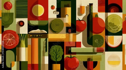 Colorful abstract illustration of various vegetables and kitchen items arranged artistically