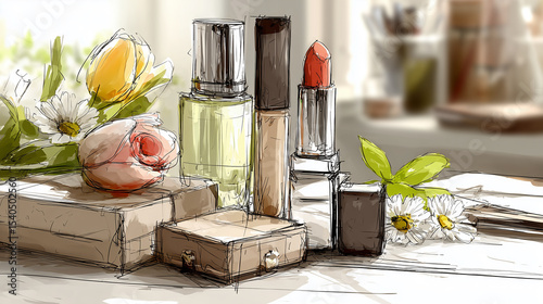 Hand drawn sketch style illustration of cosmetics on a vanity table including roses, tulips, daisies and some green leaves. The main subject is illustrated with expressive sketch ink lines and simple 