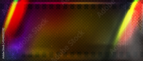 Old film strip leaking light rainbow rays overlay effect and noise texture, Scratched old film strip with grain and bokeh glare effect, Vector vintage background.