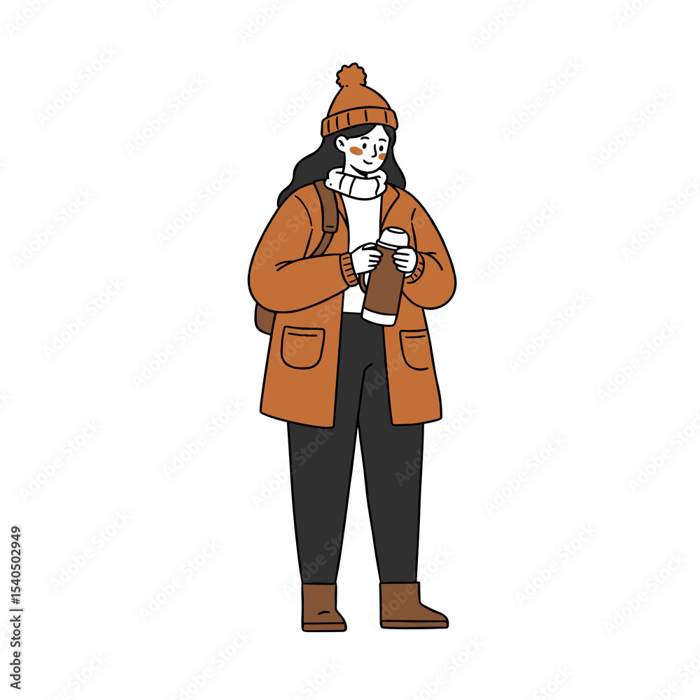 Naklejka premium Woman in autumn coat holding a thermos, isolated on white background