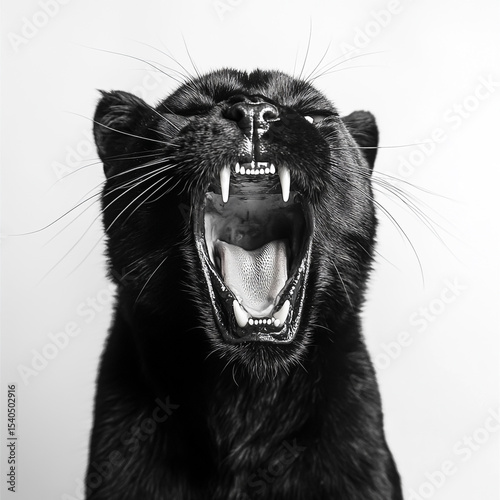 a roaring black panther isolated on a white background.