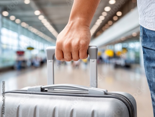 Close-up of a hand pulling a suitcase handle, a person is seen holding a luggage handle inside a bright airport terminal, ready to board a flight. photo