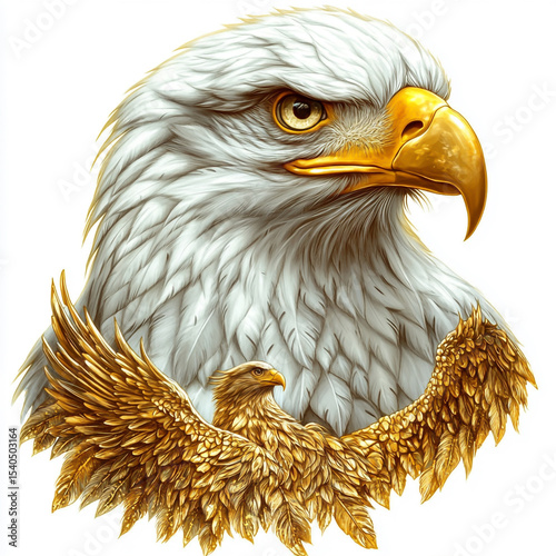 An eagle with a gold eagle head and a gold eagle on the front by isolated on a white background.
