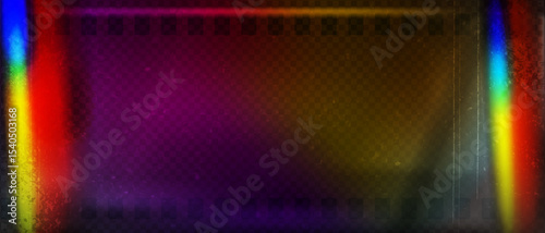 Old film strip leaking light rainbow rays overlay effect and noise texture, Scratched old film strip with grain and bokeh glare effect, Vector vintage background.