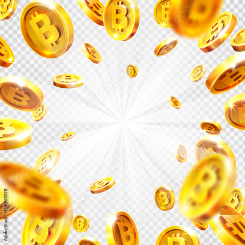 Rain of golden bitcoins. Falling or flying coin. Cryptocurrency concept on white background