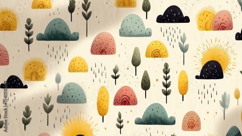 Colorful abstract landscape pattern featuring hills, trees, and sun with a playful design