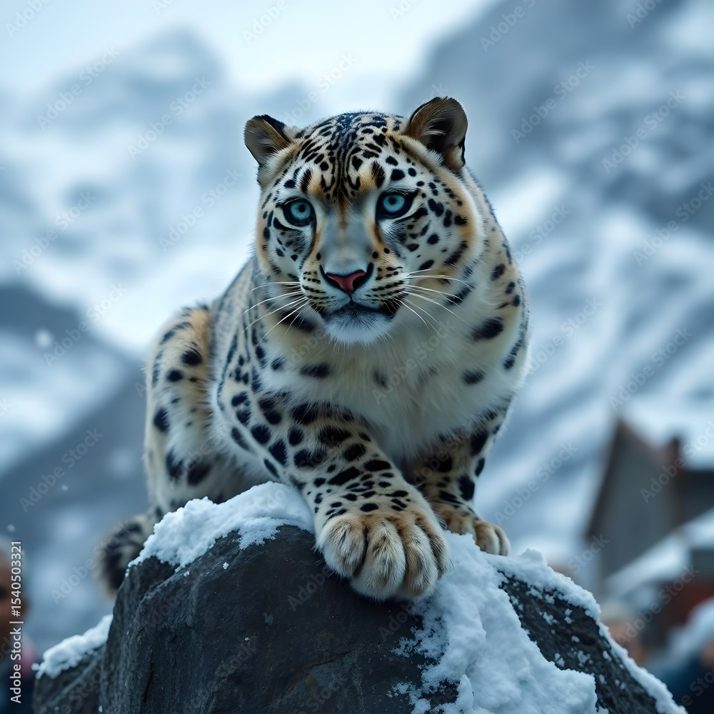 Obraz premium Himalayan Majesty: Ultra-Photorealistic Snow Leopard on Snowy Ledge with Icy Blue Eyes & Falling Snow - Cinematic 8K Wildlife Documentary Shot