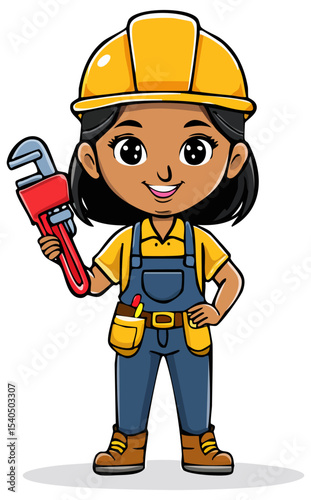 Cartoon builder or plumber with a wrench clipart illustration, isolated
