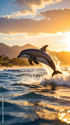 Dolphin leaping in the sunlit ocean: A graceful dolphin leaps from the ocean water, bathed in the radiant glow of the setting sun. Capturing the joy, freedom, and vibrant beauty of marine life.