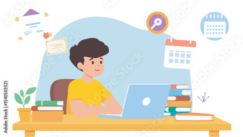 Modern flat vector of a happy student learning online on a laptop with calendars, books. Transparent background design, ideal for e-learning and digital learning.