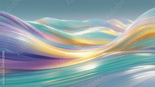 Colorful abstract landscape with flowing waves of pastel hues under a serene sky