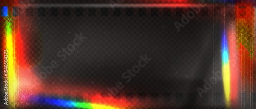 Old film strip leaking light rainbow rays overlay effect and noise texture, Scratched old film strip with grain and bokeh glare effect, Vector vintage background.
