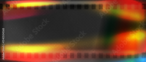 Old film strip leaking light rainbow rays overlay effect and noise texture, Scratched old film strip with grain and bokeh glare effect, Vector vintage background.