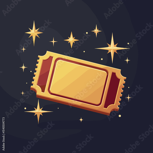 Golden ticket with decorative stars on dark background  