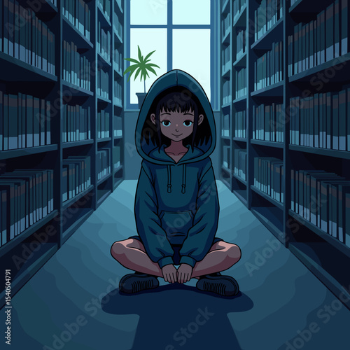 Young girl sitting cross-legged in library with bookshelves around  