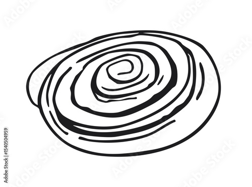Cinnamon roll pastry in simple black outline style. Hand-drawn sweet bun illustration isolated on white background. Bakery and dessert concept