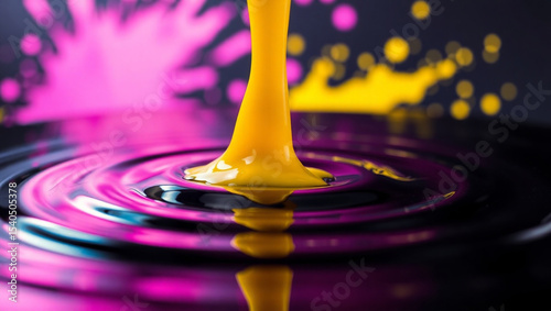 A close-up, high-detail shot of yellow paint dripping into a glossy, reflective black liquid surface, creating ripples.
