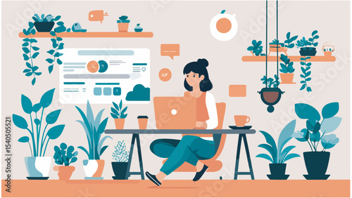Woman working remotely from home office surrounded by plants
