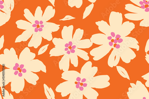 Seamless hand-drawn floral pattern with cream flowers and pink accents on bright orange background, ideal for abstract textile fabric, clothing, wall art, vector illustration, and home decoration.