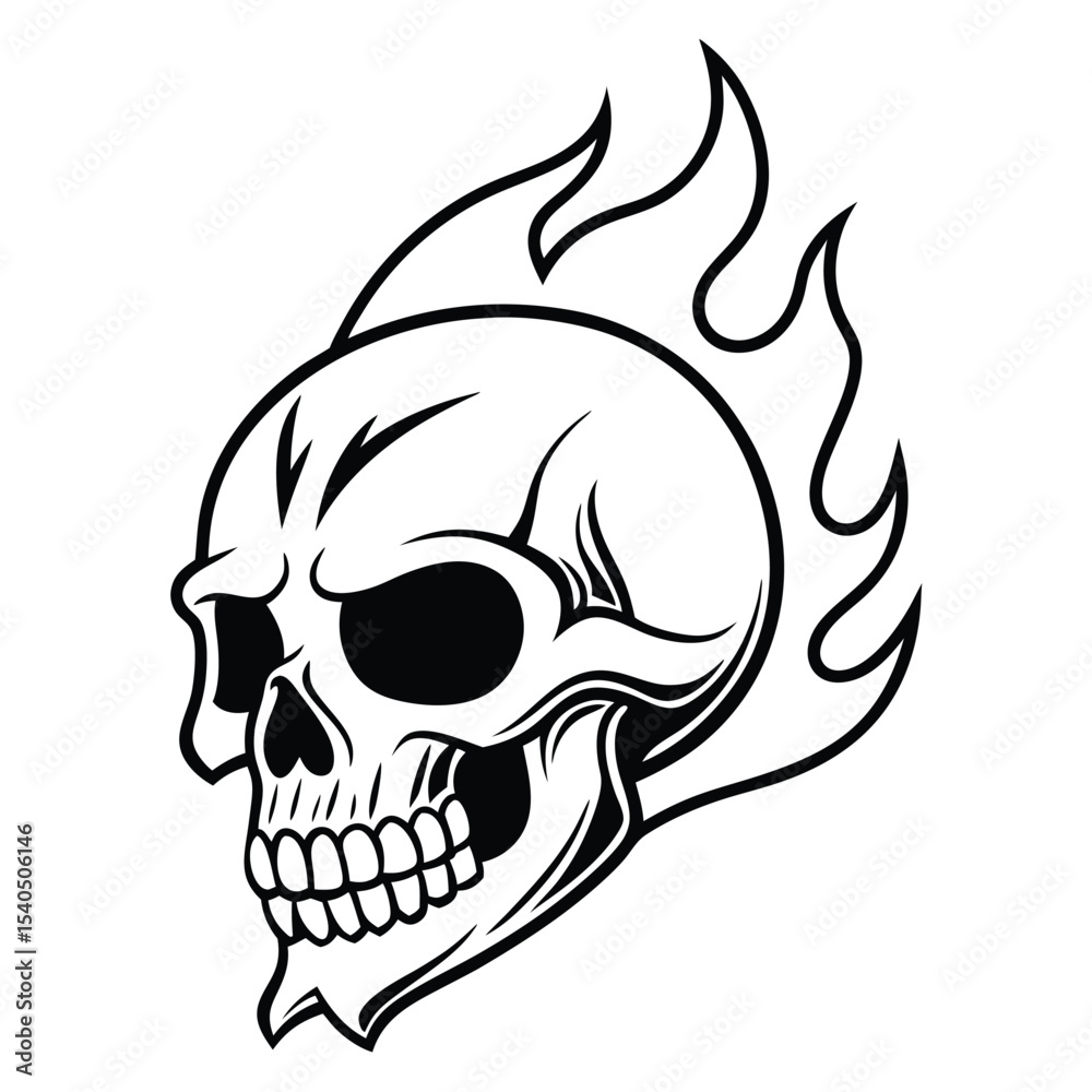 Obraz premium Striking black outline shows a skull engulfed in stylized flames on white