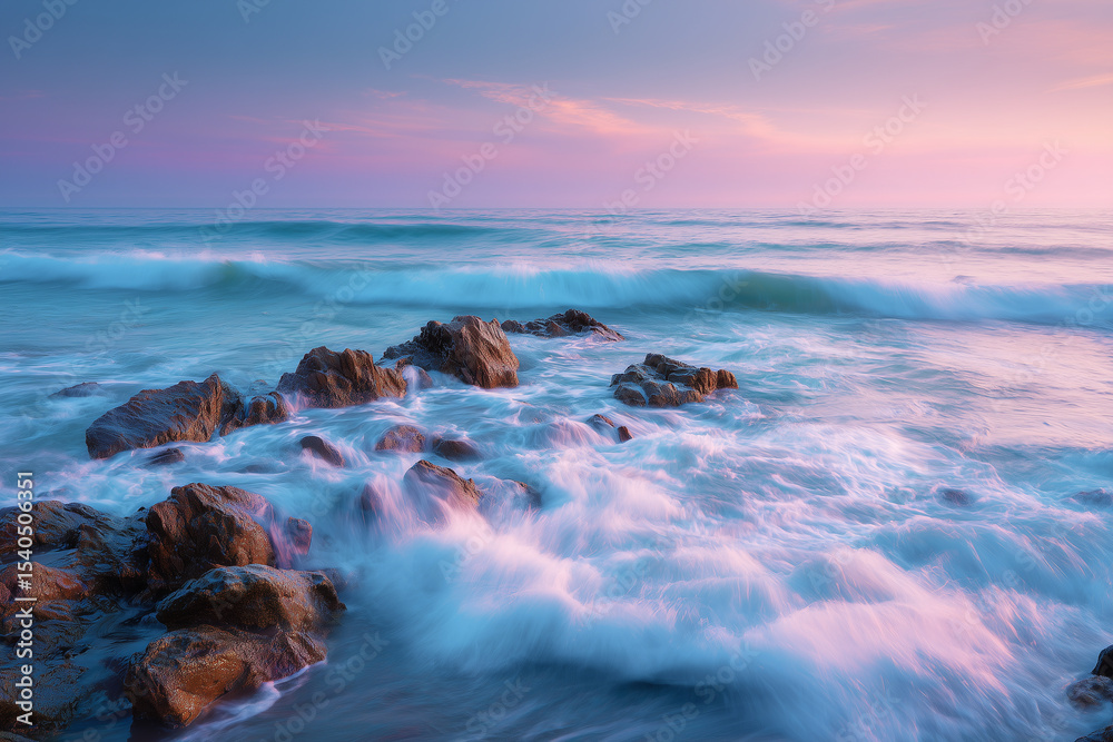 Obraz premium panorama of blue sea with twilight reflecting on the waves and rocks of the beach