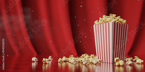 A High-Quality Product Photography Shot Buttery Popcorn in a Classic Striped Box Against a Red Curtain