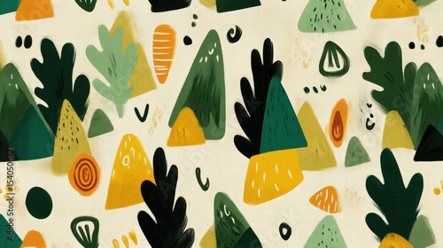 Colorful abstract pattern featuring mountains and foliage on a light background, ideal for textiles