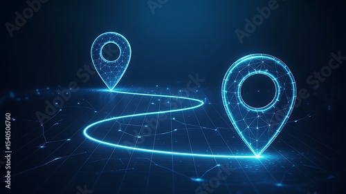Digital Illustration Glowing Blue Navigation Path with Location Pins