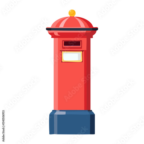 Classic red pillar post box illustration with gold finial and blue base for communication and mail themes