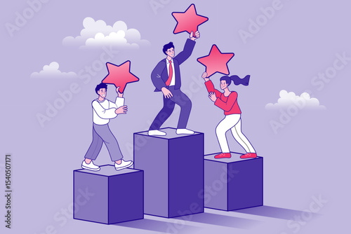 Customers leaving positive feedbacks to product. Ratings and review concept. Satisfaction level. User experience, recommendations, Survey. leaving comment with stars rating. flat vector illustration