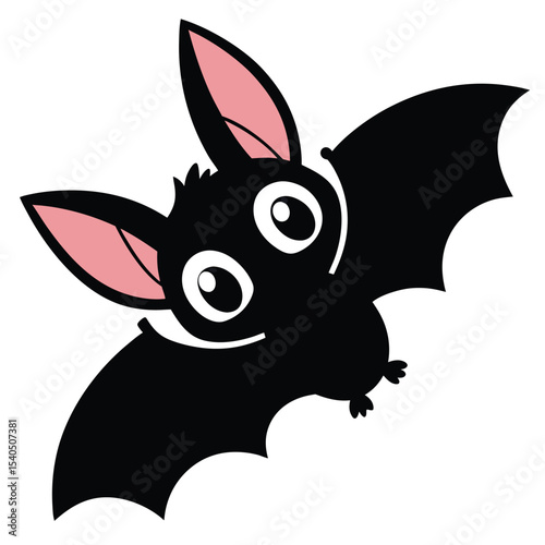 Whimsical black bat soars with adorable large eyes against a transparent backdrop
