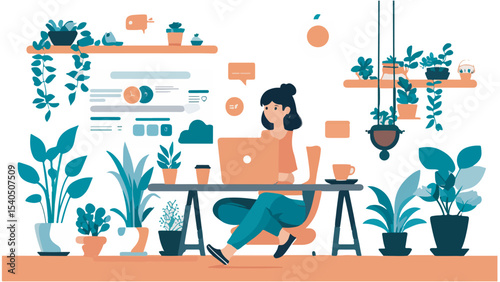 
Vector of woman freelancer working at laptop, surrounded by plants, hot coffee, and digital UI elements. Cozy home office in flat style with transparent background, ideal for apps, blogs, and design
