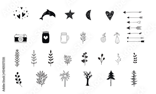 Hand Drawn Doodle Icon Vector Set – Cute Nature, Arrow, Heart, Plant, Tree Clipart