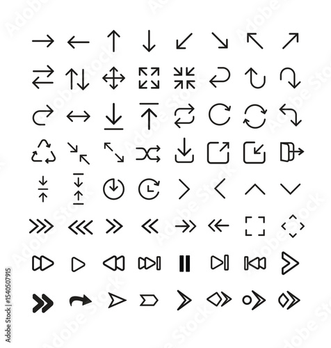 Arrow Icon Vector Set – Minimal Line Direction, Navigation, Media, and UI Symbols