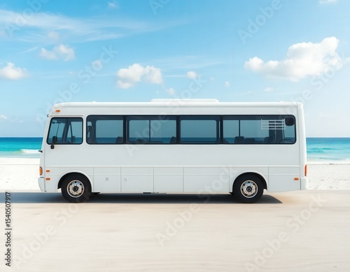 Mockup of a 1990s-style bus by a tropical beach. Great for retro summer visuals, travel promotions, and coastal branding projects.