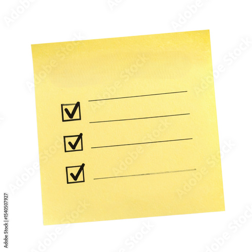 Yellow sticky note with three checkboxes, each marked with a check, and blank lines next to each box for writing.