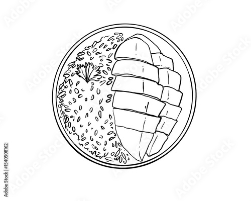 Black and White Line Art of Mango Sticky Rice Thai Dessert simple outline.