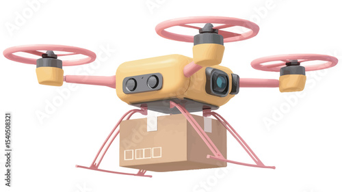 A digital rendering of a yellow drone with pink propellers carrying a small brown cardboard box.  The drone is depicted in a cartoonish style with simplified details. The background is plain white.